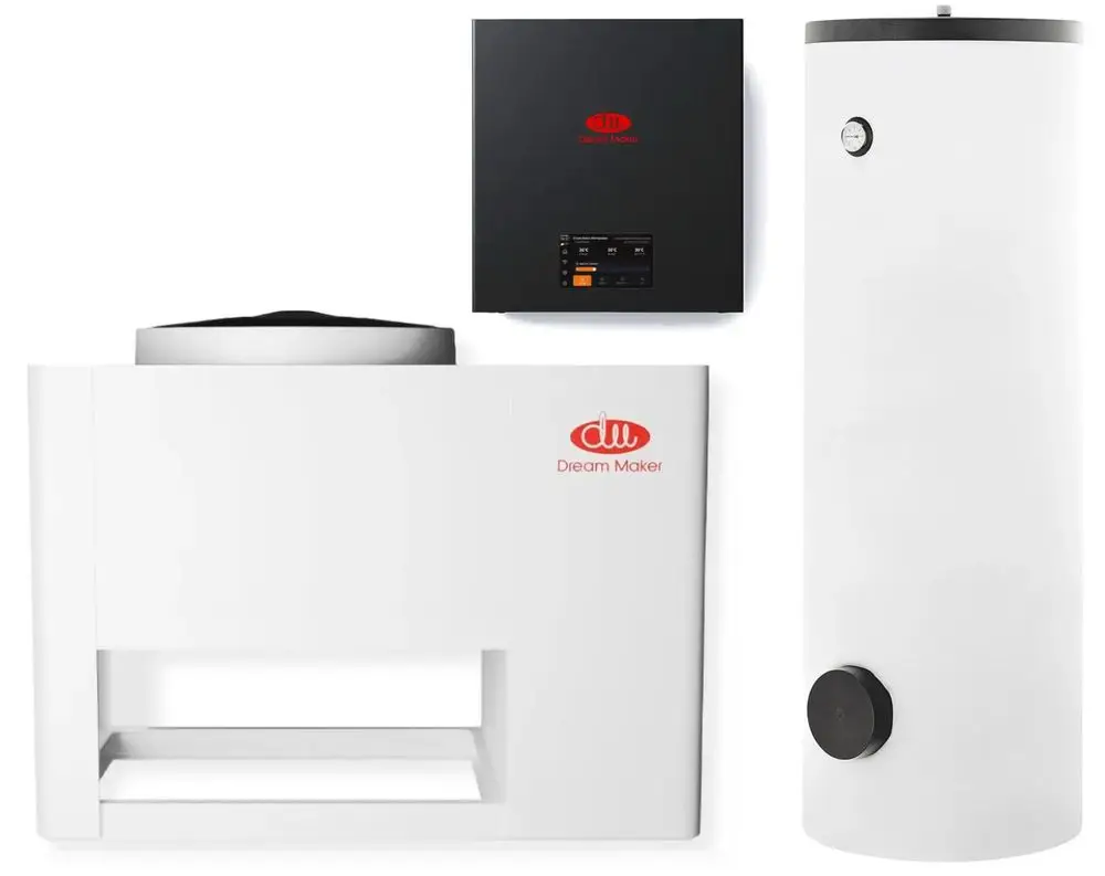 Weißes Heizgerät von Dream Maker mit quadratischer Form, daneben ein schwarzes Steuergerät und ein vertikaler weißer Speicherbehälter mit Runddeckel und einem schwarzen Drehknopf.
